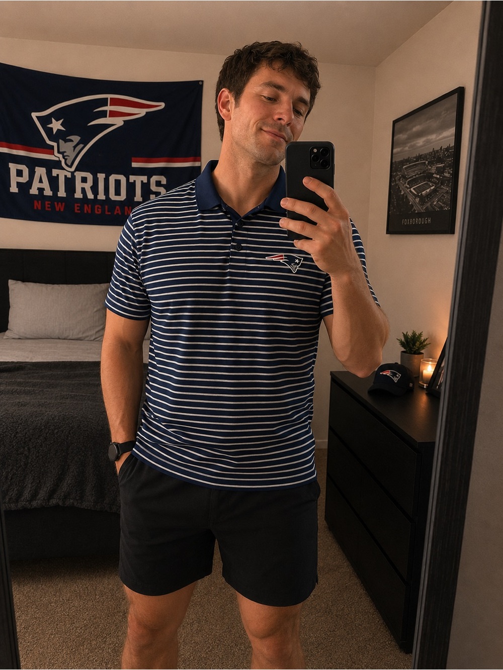 Majestic New England Patriots NFL Football Mens 2XL Polo Shirt Blue Stripe